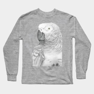 Grey parrot congo african bird watercolor portrait painting timneh Long Sleeve T-Shirt